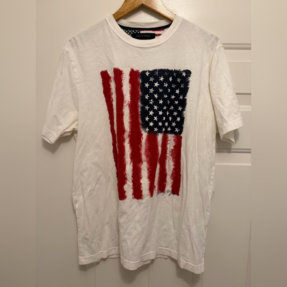 Tommy Hilfiger White Tee with Red and Blue Flag Design